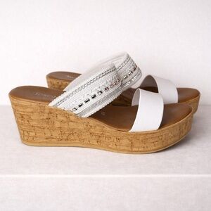 Toscanella Made in Italy Cork Wedge Sandals White Embellished Slide Size 8.5